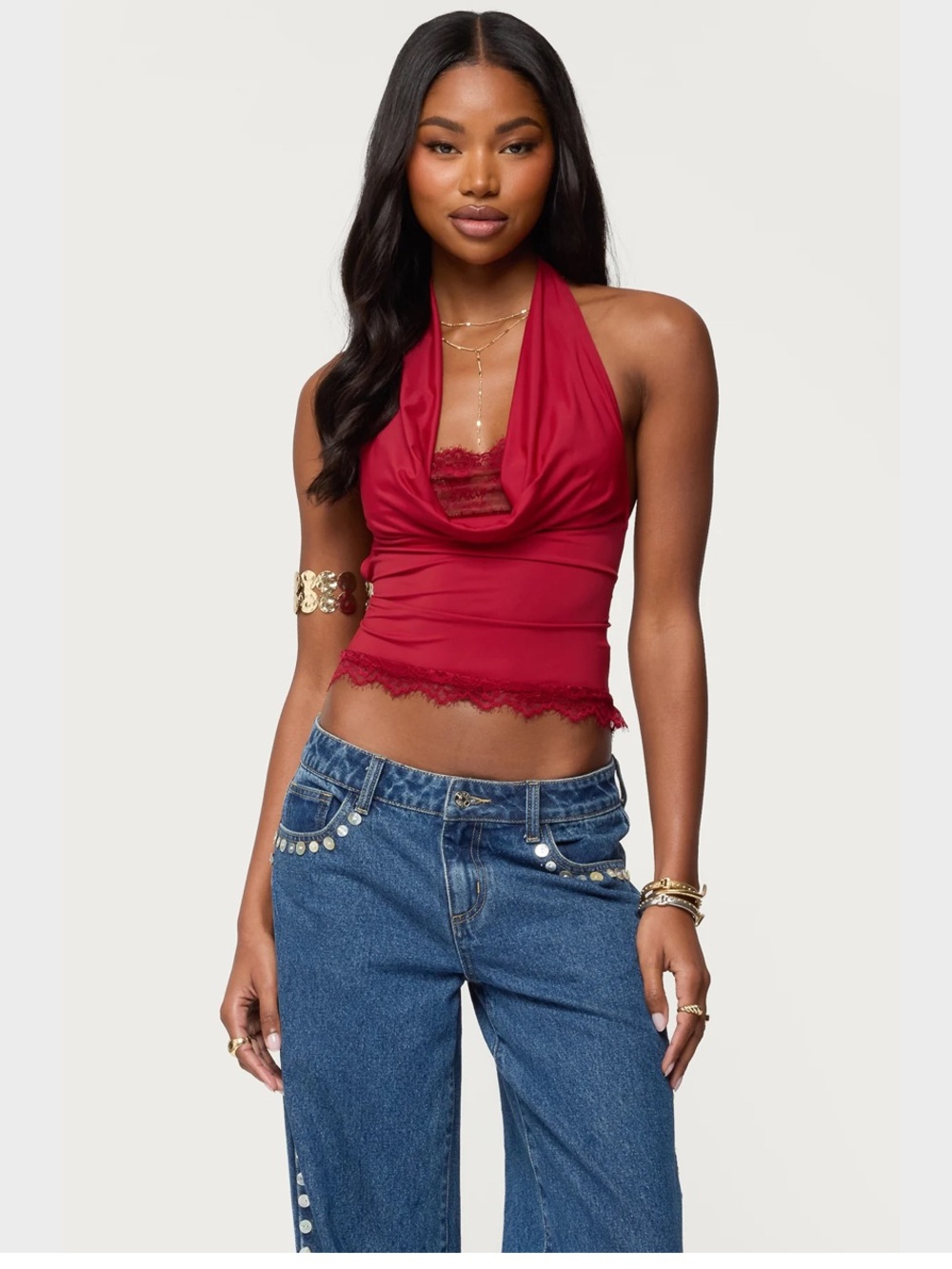 Edikted Red Halter Cowl Lace Trim Camisole
